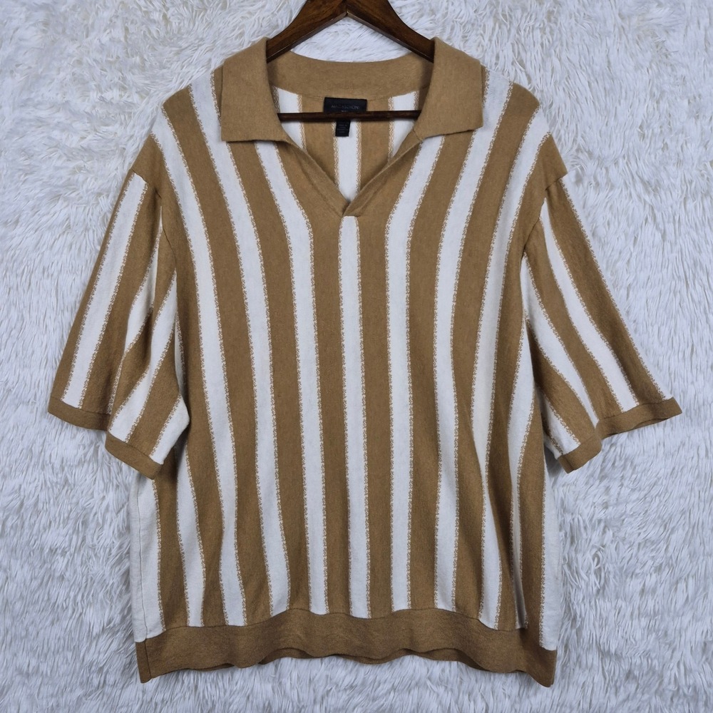 Magaschoni Man Tan White Striped Cotton Wool Knit Camp Polo Shirt XXL Retro